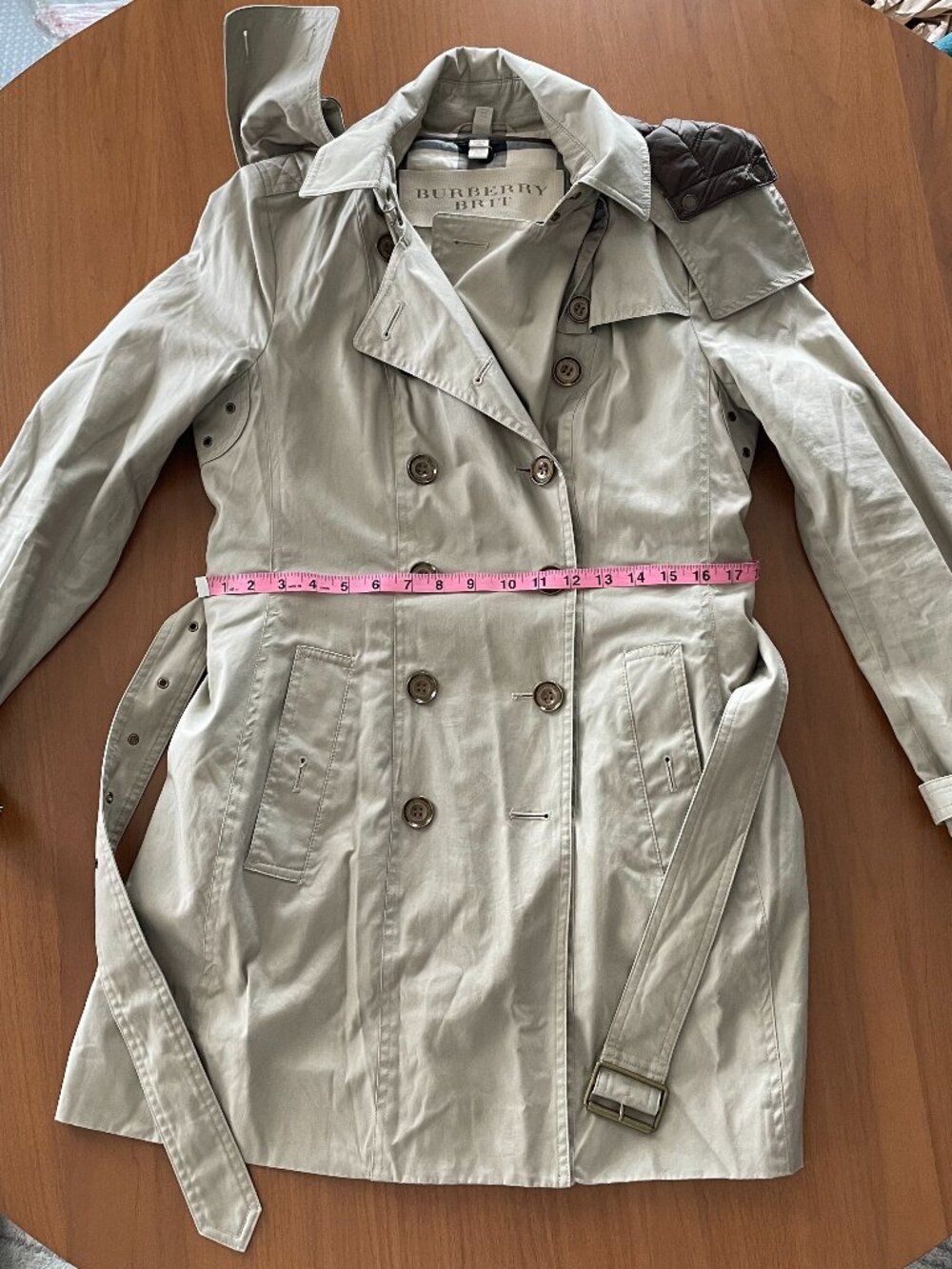 Burberry Brit Tan Double Breasted Short Cotton Trench Coat with Vest Size 8 - Picture 9 of 13